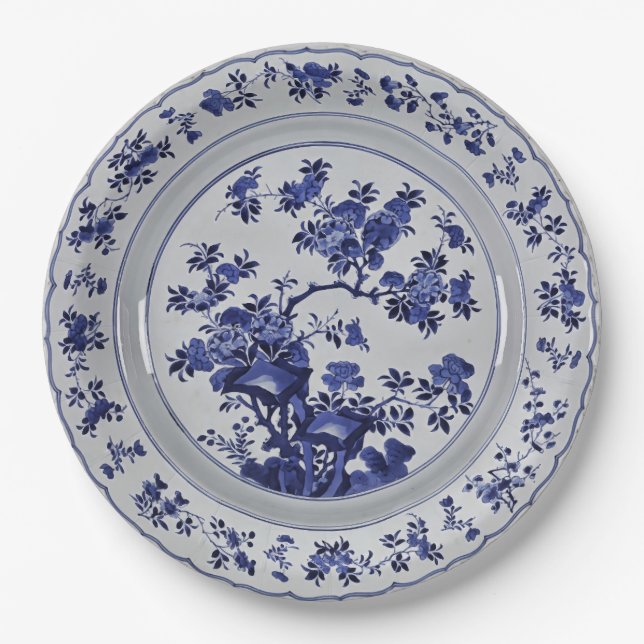 Blue and White Chinoiserie Floral Faux China Paper Plates (Front)