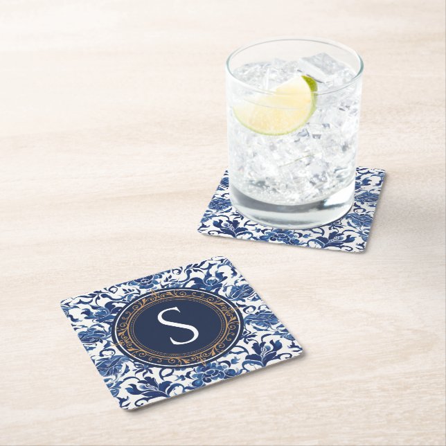 Blue and White Chinoiserie Floral Monogram Square Paper Coaster (Insitu)