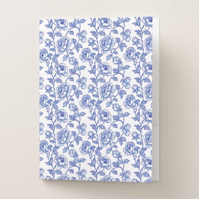 Blue and White Chinoiserie Floral Rose Pocket Folder (Front)