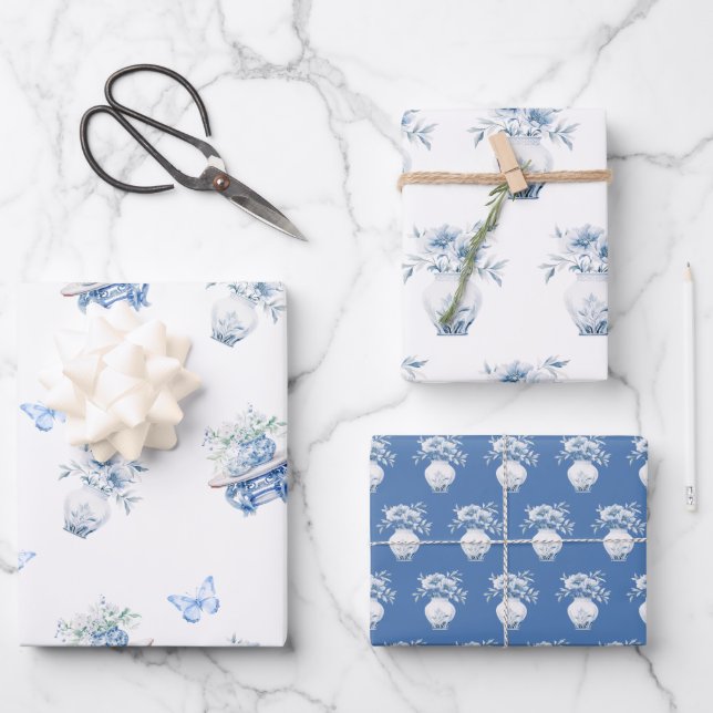 Blue and White Chinoiserie Floral Wrapping Paper Sheets (Front)