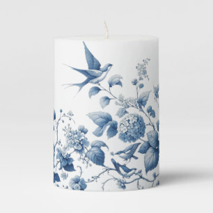 Blue and White Chinoiserie Hydrangea Bird Print Pillar Candle