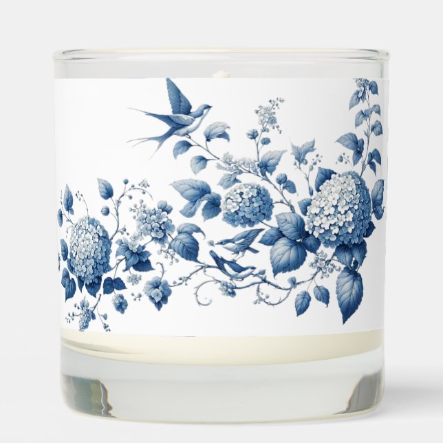 Blue and White Chinoiserie Hydrangea Bird Print  Scented Candle (Front)