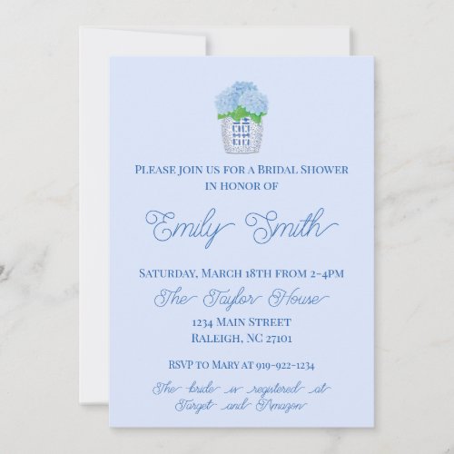 Blue and white Chinoiserie Hydrangea Bridal Shower Invitation
