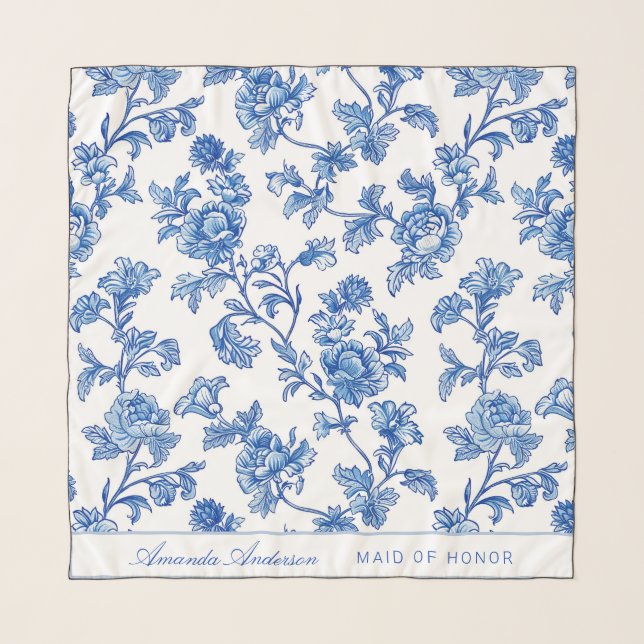 Blue and White Chinoiserie Maid of Honor Gift Scarf (Front)