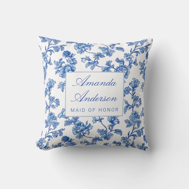 Blue and White Chinoiserie Maid of Honor Gift Throw Pillow (Front)
