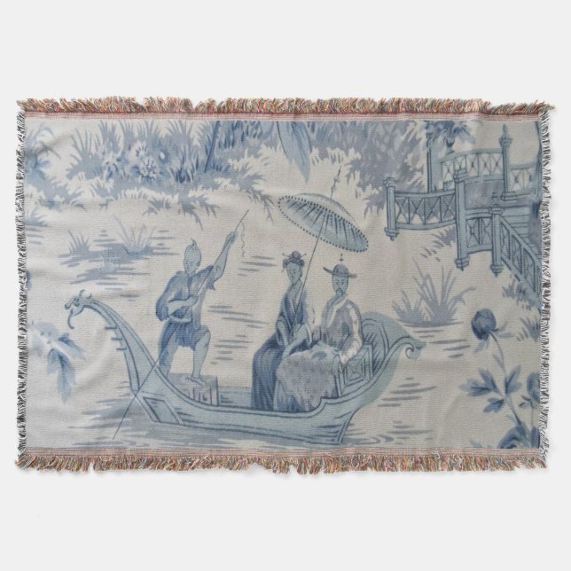 Blue and White Chinoiserie Oriental Throw Blanket (Front)
