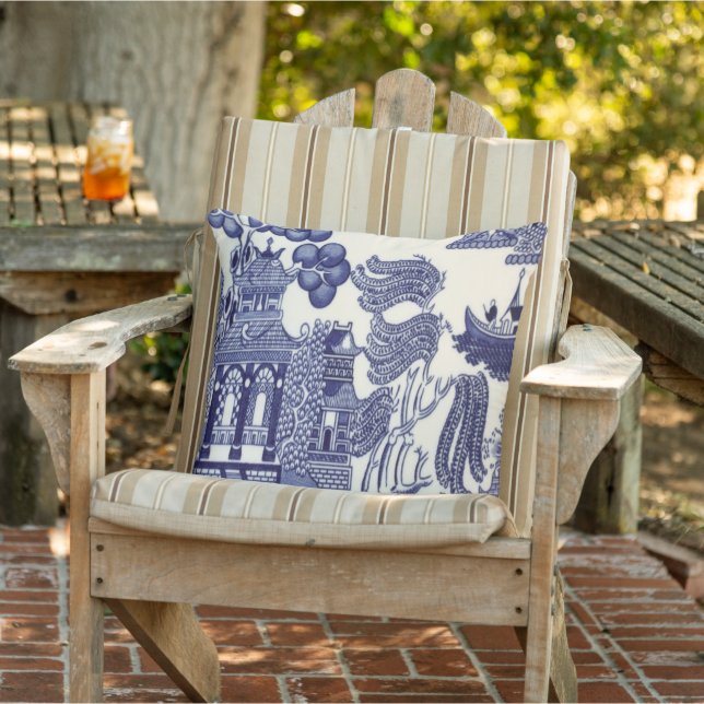 Blue and White Chinoiserie Patio Outdoor Pillow (Chair)