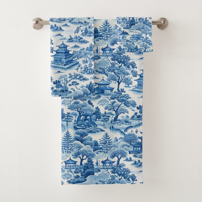 Blue and white chinoiserie pattern bath towel set (Insitu)