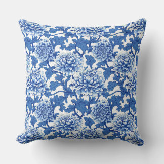 Blue and White Chinoiserie Peony Floral  Throw Pillow