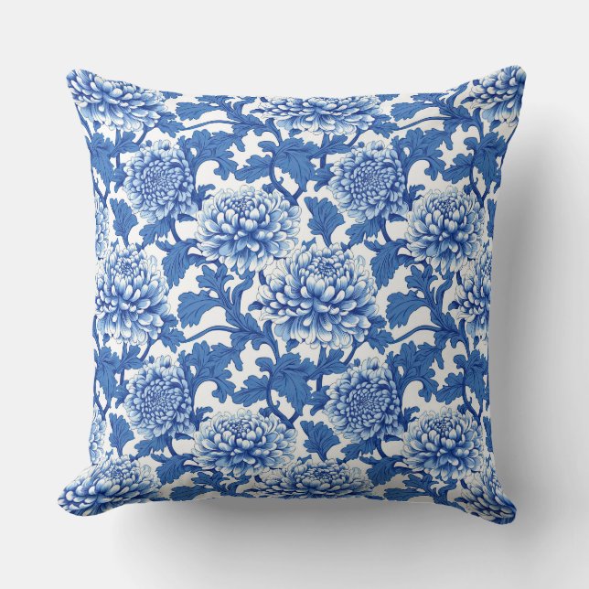 Blue and White Chinoiserie Peony Floral  Throw Pillow (Front)