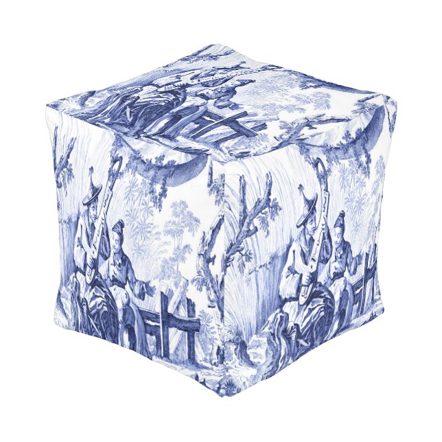 Blue and White Chinoiserie Pouf (Angled Front)