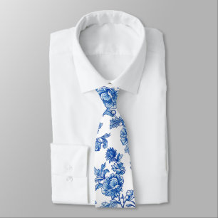 Blue and White Chinoiserie Rose Peony Neck Tie