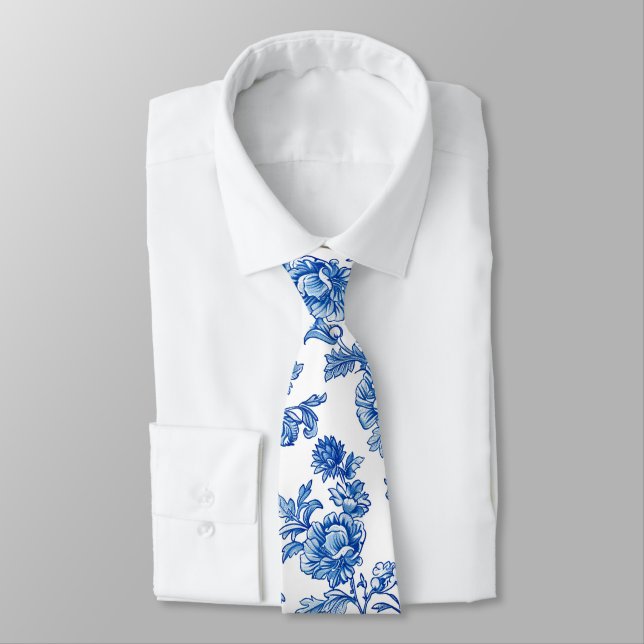 Blue and White Chinoiserie Rose Peony Neck Tie (Tied)