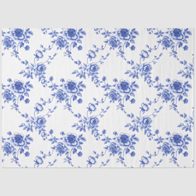 Blue and White Chinoiserie Rose Peony Tissue Paper (Front)