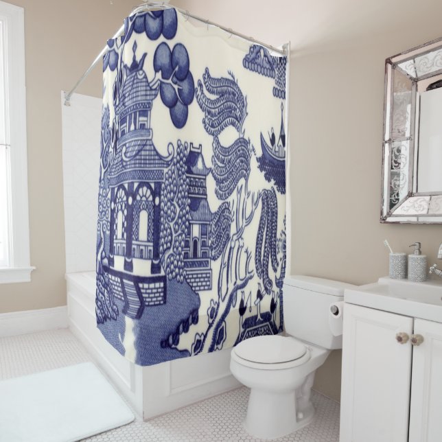 Blue and White Chinoiserie Shower Curtain (In Situ)