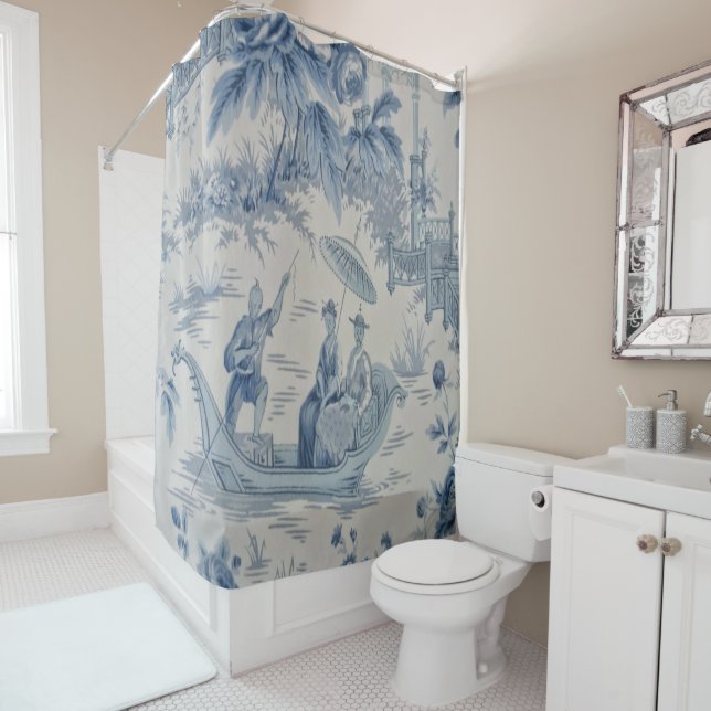 Blue and White Chinoiserie Shower Curtain (In Situ)
