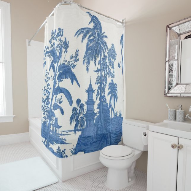 Blue and White Chinoiserie Shower Curtain (In Situ)