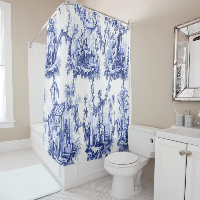Blue and White Chinoiserie Shower Curtain (In Situ)