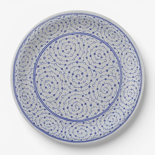 Blue and White Chinoiserie Spiral Vine Faux China Paper Plates (Front)