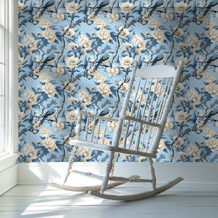 Blue and White Chinoiserie Style Floral Wallpaper Wallpaper