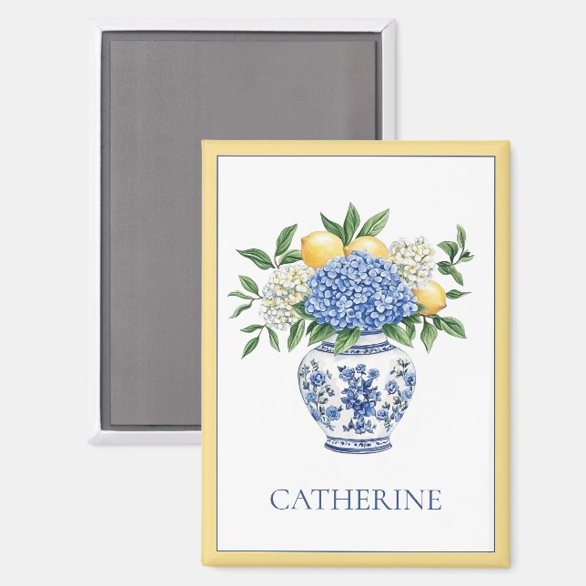 Blue and White Chinoiserie Vase With Hydrangeas Magnet (Front/Back)