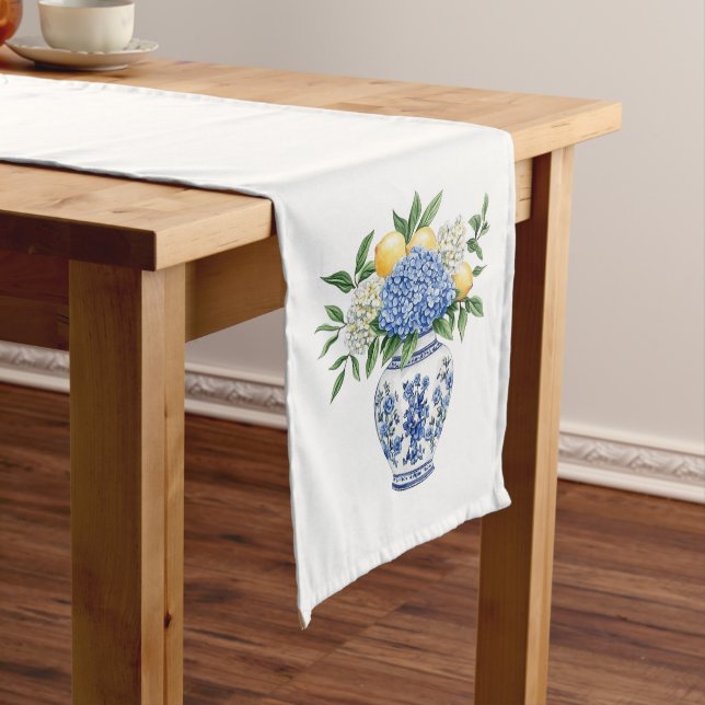 Blue and White Chinoiserie Vase With Hydrangeas Medium Table Runner (In Situ)