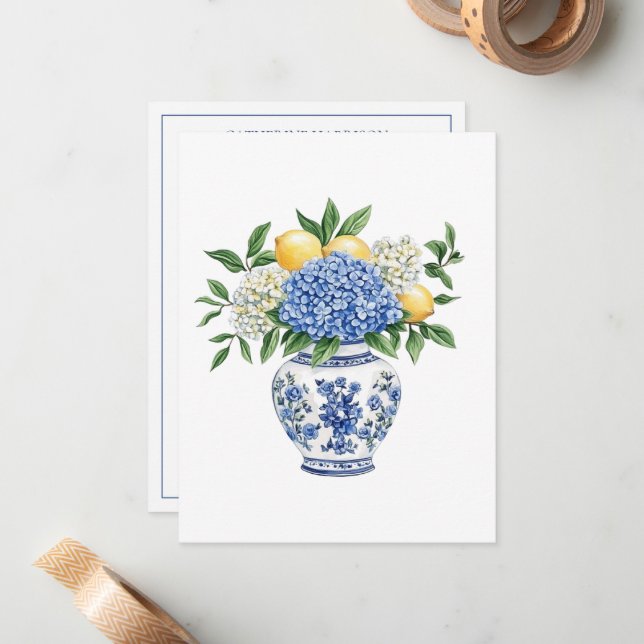 Blue and White Chinoiserie Vase With Hydrangeas Note Card (Front/Back In Situ)