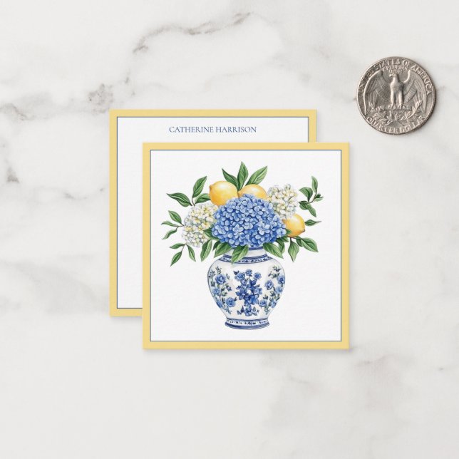 Blue and White Chinoiserie Vase With Hydrangeas Note Card (Front/Back In Situ)