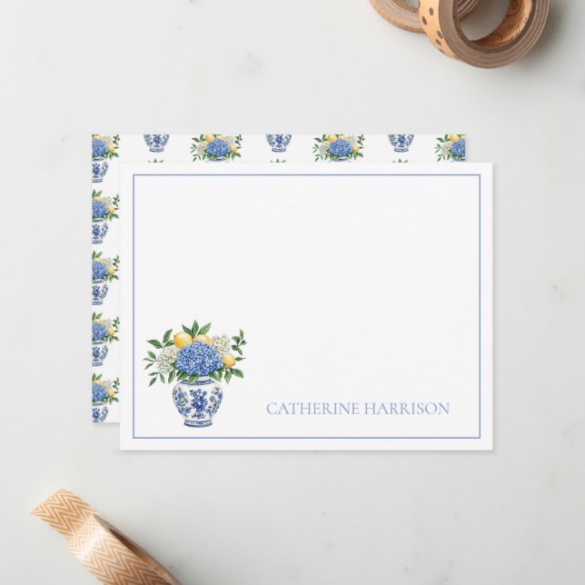 Blue and White Chinoiserie Vase With Hydrangeas Note Card (Front/Back In Situ)
