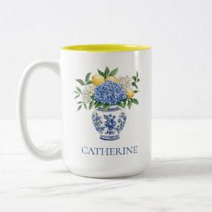 Blue and White Chinoiserie Vase With Hydrangeas Two-Tone Coffee Mug