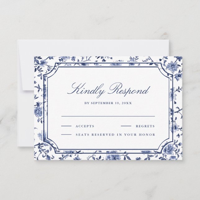 Blue and White Chinoiserie Wedding RSVP Card (Front)