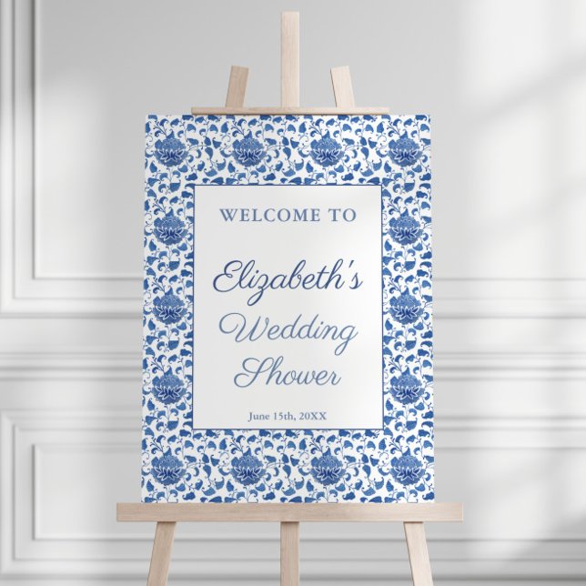 Blue And White Chinoiserie Wedding Shower Welcome Foam Board (Asian influence blue and white hand painted pattern Wedding Shower welcome sign)