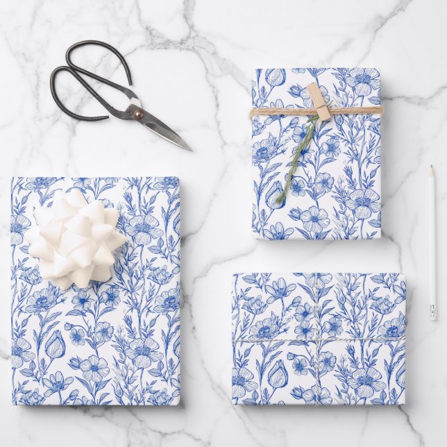 Blue and White Chinoiserie Wildflower Wrapping Paper Sheets (Front)