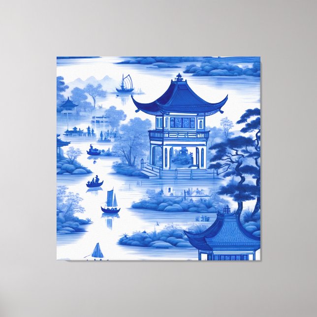 Blue and white chinoiserie with pagodas and boats canvas print (Front)