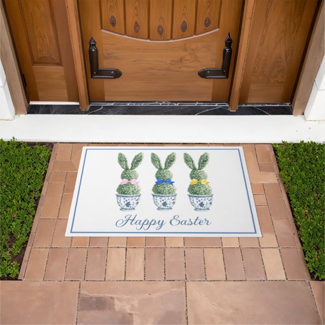 Blue and White Chinoiserie With Rabbit Topiaries Doormat (Outdoor)