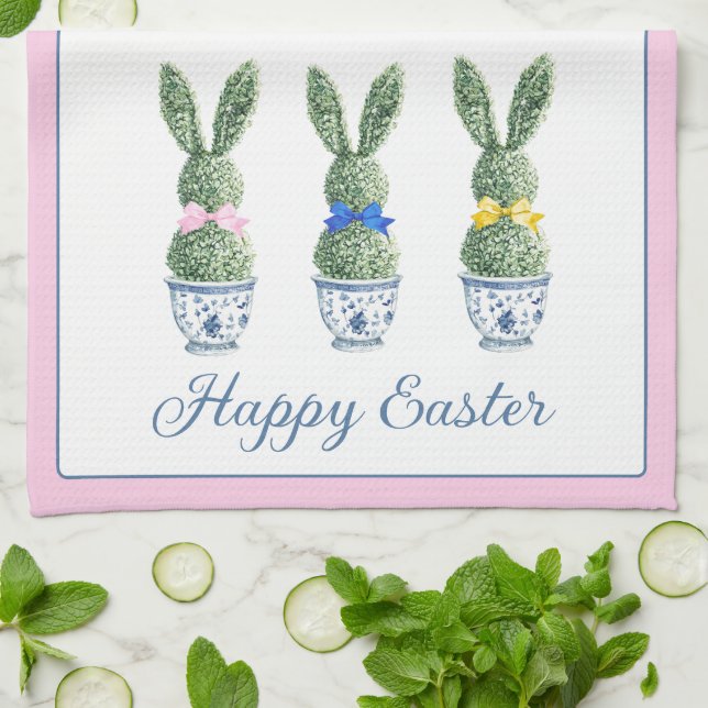 Blue and White Chinoiserie With Rabbit Topiaries Kitchen Towel (Folded)