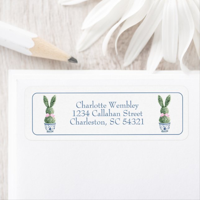 Blue and White Chinoiserie With Rabbit Topiaries Label (Insitu)