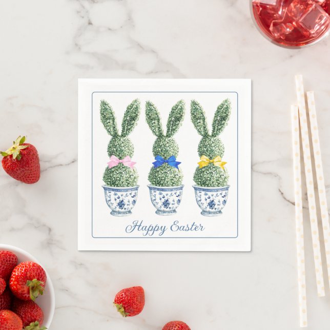 Blue and White Chinoiserie With Rabbit Topiaries Napkins (Insitu)