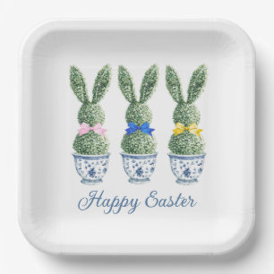 Blue and White Chinoiserie With Rabbit Topiaries Paper Plates