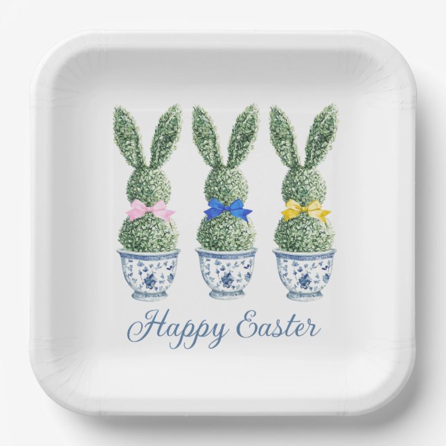 Blue and White Chinoiserie With Rabbit Topiaries Paper Plates (Front)