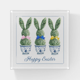 Blue and White Chinoiserie With Rabbit Topiaries Paperweight