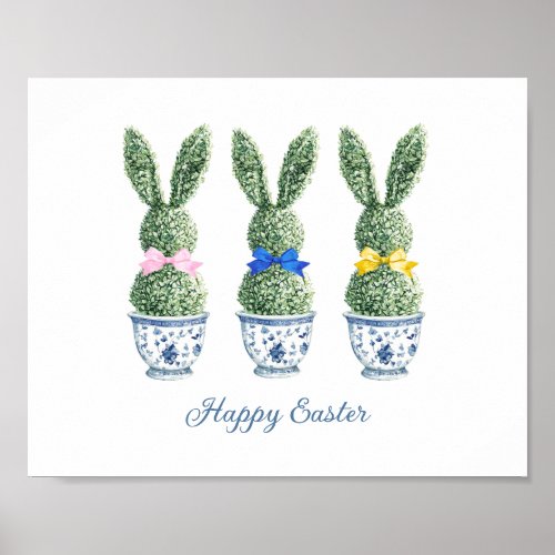 Blue and White Chinoiserie With Rabbit Topiaries Poster