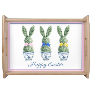 Blue and White Chinoiserie With Rabbit Topiaries Serving Tray