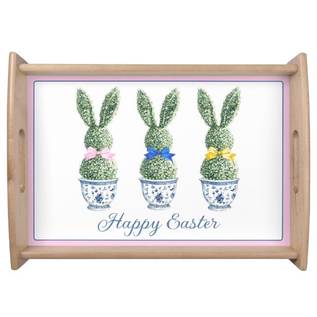 Blue and White Chinoiserie With Rabbit Topiaries Serving Tray (Front)
