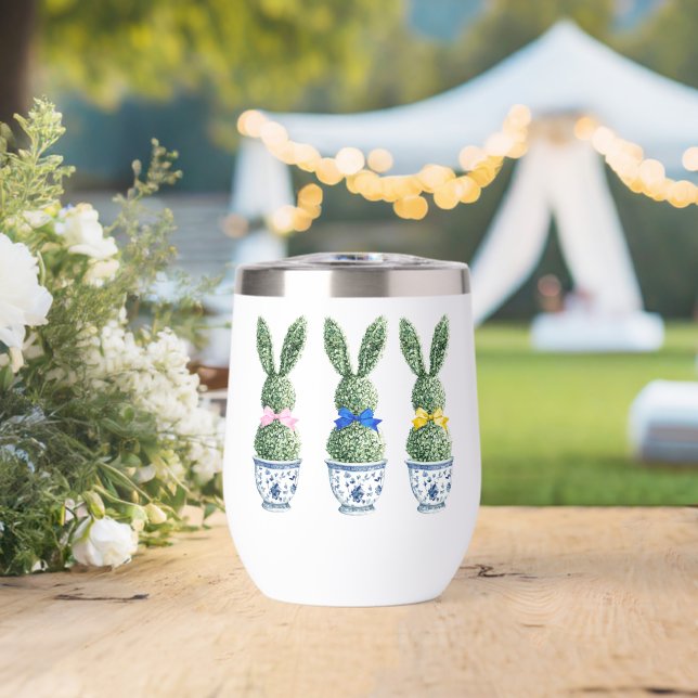 Blue and White Chinoiserie With Rabbit Topiaries Thermal Wine Tumbler (Wedding (Rotated))