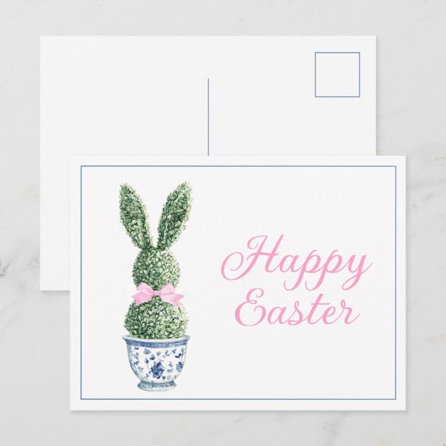Blue and White Chinoiserie With Rabbit Topiary Holiday Postcard (Front/Back)