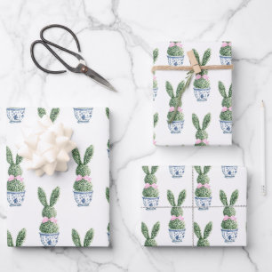 Blue and White Chinoiserie With Rabbit Topiary Wrapping Paper Sheets