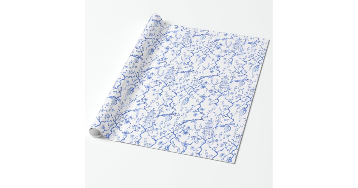 Blue Chinoiserie Floral ceramic Wrapping Paper Roll 