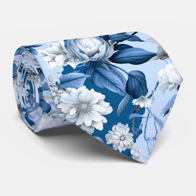 Blue and White Chinoserie Series Design 3 Neck Tie (Rolled)