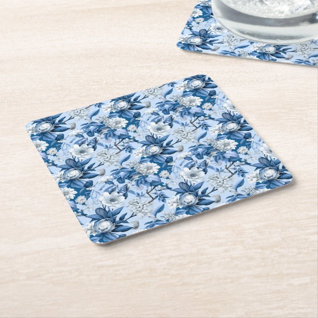 Blue and White Chinoserie Series Design 3 Square Paper Coaster (Angled)